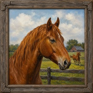 Behold a magnificent chestnut horse portrait, bursting with sunlit farm life. Weathered barnwood framing grips the scene like heirloom treasure, while clouds, fence, red barn, and racing companion explode with countryside energy. Rich mane detail and glowing brushwork make this painting feel royal, powerful, and impossible to ignore today forever.