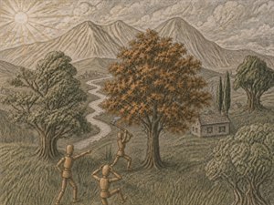 A sepia-toned countryside sketch unfolds beneath a radiant sun, where a winding river leads toward distant mountain cottages. In the foreground, three wooden mannequins react dramatically as one raises an axe beside an autumn tree. Textured grasses, rustic houses, clouds, and layered hills create a whimsical, storybook valley adventure.
