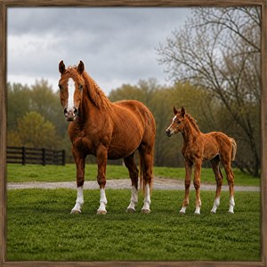 A majestic chestnut mare and her young foal stand proudly in a lush countryside pasture, framed by rustic wood and soft stormy skies. Rich detail, warm color, and lifelike texture celebrate strength, tenderness, and natural beauty. This heartwarming artwork makes a stunning keepsake for horse lovers, homes, and galleries everywhere.