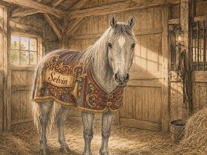 A gentle gray horse stands proudly inside a sunlit rustic barn, wearing a colorful carnival blanket with ornate patterns, gold buckles, and a curved Selvin banner. Warm wood, glowing lantern light, soft straw, and a caring gaze create an inviting hand-painted portrait full of charm, celebration, country elegance, and beauty.