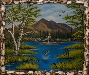 Beautiful mountain lake adventure bursts to life, framed in rugged birch bark collage. A young fisherman stands on the rocky dry spot, casting toward sparkling blue water as a fish leaps in excitement. Lush trees, golden grasses, birds, and majestic peaks create a joyful hand painted wilderness treasure for collectors.