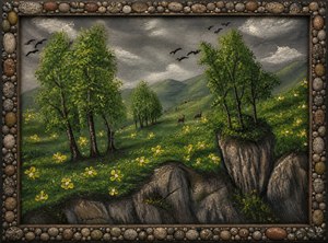 Discover a vivid hand painted meadow framed by polished rounded stones, where storm clouds, flying birds, blooming yellow flowers, rocky cliffs, and lush green trees create rich depth. Ten distant deer roam the rolling hills, adding peaceful life and story. A charming nature scene, perfect for rustic artwork lovers everywhere.