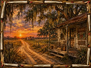 A dirt road curves past a weathered Southern porch beneath moss-draped live oaks and a blazing orange sunset. A resting dog, leaning guitar, distant barn, and signs deepen the nostalgia. Cannabis joints and scattered matches form a handcrafted border around this warm journey down South.