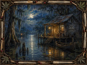 Moonlight settles across a still bayou where a lantern-lit cabin stands above dark water. Cypress knees, Spanish moss, a waiting rowboat, and soft mist create Southern mystery. Rolled cannabis joints, red-tipped matches, leafy corner ornaments, and carved wood surround the scene with rustic nighttime character.