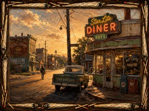 Golden light fills a Southern main street where an old Chevrolet waits outside the Star Lite Diner. A lone guitarist walks beneath tangled power lines, faded storefronts, and a water tower. Burnt joints and scattered matches frame this nostalgic portrait of music, travel, and freedom.