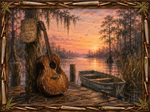 A weathered acoustic guitar leans beside an old rowboat on a quiet bayou dock as coral sunset light spreads across the water. Cypress trees, hanging moss, reeds, birds, and worn timber create Southern calm. Cannabis joints, matches, and leafy corner details complete the handcrafted frame.