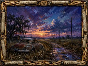 A rusted car rests beside a rain-darkened country road beneath a violet and orange twilight sky. Telephone poles vanish toward the horizon while a shack glows beneath Spanish moss. Cannabis joints, burnt matches, and a carved leaf emblem frame this vision of distance and memory.
