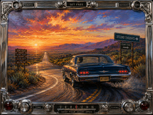 A blue classic car swings onto a curving desert road beneath a blazing sunset, leaving dust and old decisions behind. Weathered signs point toward second thoughts and another chance. Polished chrome dashboard knobs, radio controls, red lenses, and engraved trim frame this hopeful vision of reconsideration, freedom, and renewed direction.