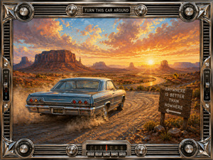 A turquoise classic coupe spins through a dusty desert turnout as sunrise ignites mesas, clouds, and the winding highway. A hand-painted sign declares that anywhere is better than nowhere. Chrome vents, radio buttons, temperature sliders, and polished control knobs create a brilliant automotive frame for escape, courage, and possibility ahead.