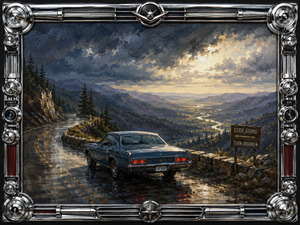 A steel-blue car pauses on a rain-polished mountain road overlooking a vast illuminated valley. Storm clouds open toward distant light while opposing signs offer continuing or turning around. Gleaming chrome wiper, light, air, choke, and lighter controls form a powerful frame around reflection, uncertainty, and a life-changing choice still ahead.