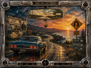 A classic blue car follows a looping coastal road between moonlit memories and a fiery sunset. The rearview mirror holds yesterday, while signs offer going on, turning back, or staying. Chrome radio panels, fuel gauge, lights, wipers, and tuning knobs frame this richly symbolic journey through regret, love, and decision.