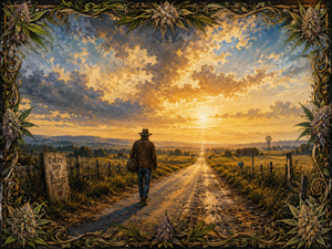 A solitary traveler follows a glowing country road toward sunrise, leaving long shadows and yesterday behind. Weathered fencing, distant farms, a windmill, and the roadside reminder that every day is Square One deepen the Americana mood. Cannabis flowers, leaves, and curling vines form an ornate frame around renewal and hope.