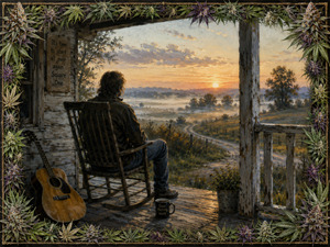 A traveler rests in a rocking chair as dawn spreads across misty fields and a winding road. An acoustic guitar, weathered porch, morning mug, and handwritten message suggest reflection before beginning again. Frosted cannabis flowers and serrated leaves create a richly detailed botanical frame around solitude, music, and resilient hope.