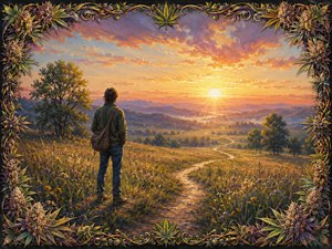 A lone traveler pauses in a wildflower meadow while a winding path leads toward a radiant sunrise and distant blue hills. Golden grasses, gentle trees, and layered valleys create spacious calm. Cannabis flowers, colorful buds, serrated leaves, and elegant vines form a celebratory frame around courage, freedom, and starting over.