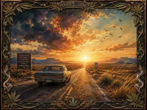 A weathered classic car travels along an endless desert highway toward a brilliant golden sunset. Dramatic storm clouds open above distant mesas as birds rise into the light. An ornate Marrie Jane botanical frame surrounds this soulful Americana scene of freedom, reflection, redemption, and the promise of saving grace.