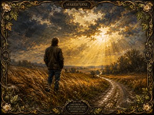 A solitary traveler stands among windblown golden grasses beneath a turbulent sky breaking open with radiant sunlight. A winding country road leads toward the distant horizon, suggesting a difficult journey still unfolding. The detailed Marrie Jane frame of leaves, flowers, vines, and antique scrollwork reinforces the paintings hopeful spirit.