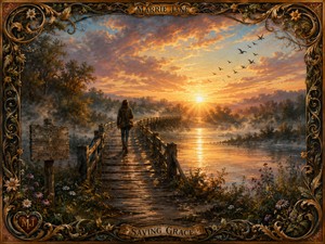 A solitary traveler crosses an old wooden bridge toward a radiant sunrise reflected across misty water. Wildflowers bloom along the shore as birds rise into the glowing sky. Elaborate Marrie Jane vines, flowers, and antique ornamentation frame this peaceful scene of renewal, courage, spiritual awakening, and hard-won saving grace.