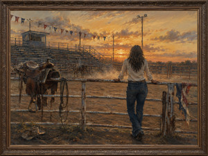 The crowds are gone, the bleachers stand empty, and evening dust drifts through a silent rodeo arena. A woman leans against the rail beside an unattended saddle, rope, and cowboy hat. Warm sunset light transforms the deserted grounds into a moving symbol of memory, disappointment, and changing American traditions.