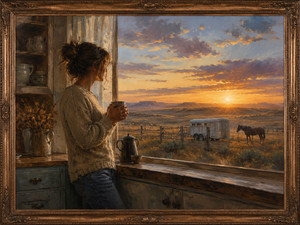 From a quiet country kitchen, a woman holds a warm cup and gazes across a sunlit prairie toward a lone horse and waiting trailer. The intimate interior contrasts beautifully with the vast open landscape, expressing the tension between domestic responsibilities, personal freedom, and the enduring promise of the Western horizon.