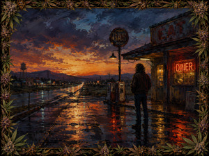 Rain glows across an abandoned Route 66 stop as a lone traveler watches the highway disappear beneath a fiery storm sunset. Vintage pumps, diner neon, telephone poles, and distant town lights turn uncertainty into cinematic resolve. Dark cannabis flowers and leaves border the scene, framing loneliness, movement, and another beginning.