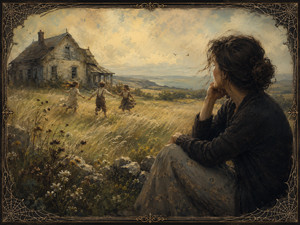 A contemplative woman watches children run through a windswept meadow beside an aging farmhouse, as though witnessing her own childhood again. Pale grasses, wildflowers, distant fields, and soft coastal light create bittersweet calm. A finely woven spider-web frame surrounds this graceful portrait of innocence, remembrance, family bonds, and passing time.