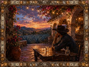 A solitary cowboy sits beneath glowing string lights on a rustic terrace, staring across agave fields as sunset burns orange and violet on the horizon. A small glass on the table hints at memory, longing, and quiet reflection, capturing the bittersweet ache of love that lingers in silence.