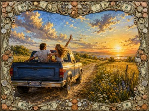 A young couple rides carefree in the back of a blue pickup truck along a dusty country road, wrapped in golden sunset light. Wildflowers sway in the breeze as the open landscape stretches ahead, expressing freedom, romance, youth, and the exhilarating feeling of chasing summer with someone special.