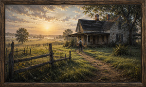 A lone farmer walks toward a weathered 1800s farmhouse as morning sunlight spreads across quiet fields. Split-rail fences, tall grass, distant trees, and a winding dirt path create a humble countryside setting. The warm sky and solitary figure suggest reflection, family wisdom, and the honest values of a simple life.