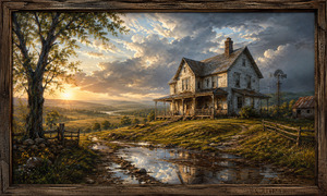 Morning light breaks through heavy clouds above an aging hilltop farmhouse after a passing storm. Large puddles mirror the house and dramatic sky, while a windmill, small outbuilding, fences, and rolling farmland extend into the distance. The clearing weather symbolizes endurance, renewed hope, and strength gained through hardship.
