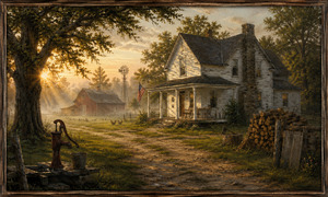 Golden sunbeams filter through a massive tree onto a peaceful nineteenth-century farmstead. A white farmhouse, red barn, windmill, hand-operated water pump, stacked firewood, and wandering chickens fill the yard with authentic rural detail. The scene celebrates honest work, family roots, self-reliance, and the quiet rewards of an uncomplicated life.