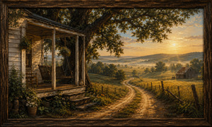 A shaded farmhouse porch overlooks a glowing country valley at morning. A wooden swing, rocking chair, flowers, hanging plants, and worn steps sit beneath an enormous oak tree. Beyond the porch, a winding dirt road travels through fenced fields toward a distant barn, representing guidance, freedom, and a peaceful path through life.