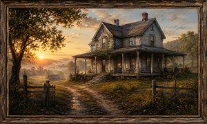 A stately but weathered 1800s farmhouse stands beside an open gate as sunrise illuminates the surrounding hills. A rocky dirt lane leads toward the broad porch and solitary rocking chair, while mist settles across the distant valley. The scene conveys lasting family foundations, personal humility, resilience, and timeless rural wisdom.