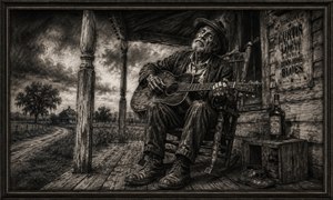An aging musician rests in a wooden rocking chair on a weathered farmhouse porch, drawing a mournful melody from his battered guitar. A winding country road, distant farmhouse, storm-heavy sky, worn boots, and an old whiskey bottle surround him, creating a powerful charcoal portrait of hardship, solitude, and enduring Southern music.