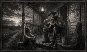 Beneath a glowing porch lantern, Curtis plays while a barefoot boy listens from the steps, captivated by every note. Beyond the railing, fields stretch toward a fading sunset and lonely windmill. Dense charcoal textures, cracked boards, an old guitar case, and deep shadows capture the passing of music between generations.