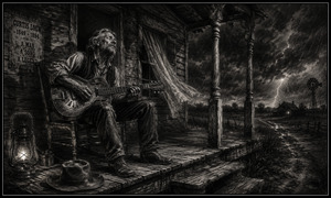 Curtis leans into his resonator guitar as lightning breaks across the distant farmland. A torn curtain billows through the open farmhouse window while rain darkens the road beyond the porch. His lantern, discarded hat, worn chair, and weathered surroundings form a dramatic charcoal scene filled with defiance, loneliness, and gathering danger.