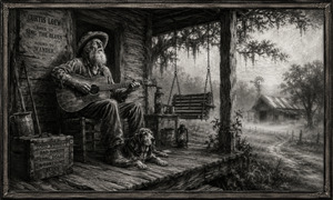 Soft morning fog surrounds the old farmhouse as Curtis plays quietly beside his faithful hound. A porch swing hangs motionless nearby, while lanterns, farm tools, wooden crates, and rough floorboards reveal a life shaped by hard roads. The charcoal gradients create a peaceful yet melancholy portrait of rural Southern solitude.