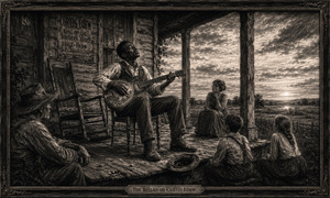 Curtis performs at sunset before a small gathering of neighbors and children seated around the farmhouse porch. His raised face and resonator guitar command the scene as the listeners remain completely absorbed. Ornate framing, fading farmland, cracked timber, and richly layered charcoal shading transform the performance into a timeless Southern legend.