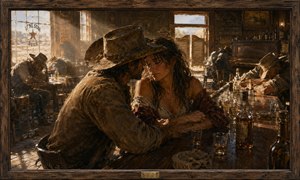 Morning light pours through the dusty saloon as a weary cowboy leans close to a dark-haired woman at the bar. Empty bottles, sleeping patrons, and scattered glasses reveal the wild night before. Their guarded expressions suggest romance complicated by secrets, regrets, and questions neither is willing to answer.
