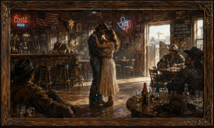 A couple holds each other on the empty dance floor while tired cowboys watch from shadowed tables. Fading neon signs, abandoned drinks, and bright morning sunlight create a bittersweet contrast. Their slow dance feels like a final private moment before daylight forces them to face reality.