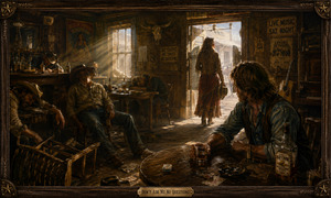 A woman walks toward the bright saloon doors while a rugged man watches from his whiskey-covered table. Around them, drunk patrons sleep among overturned chairs, empty bottles, and scattered cards. The scene captures silent heartbreak, stubborn pride, and the painful decision to leave without asking another question.