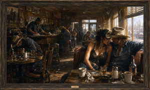 Inside a crowded morning bar, a cowboy and woman sit pressed together in a worn booth. Coffee cups, whiskey glasses, ashtrays, and exhausted patrons surround them. Their intimate pose cannot hide the tension between them, creating a romantic drama shaped by alcohol, unfinished arguments, and temporary forgiveness.