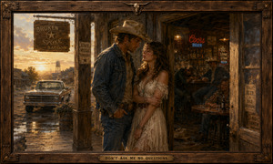 Golden morning light surrounds a cowboy and woman standing outside the saloon entrance. Behind them, drunk patrons remain inside among bottles, hats, and smoky shadows. The couple faces each other with affection and uncertainty, caught between staying together and walking away from another night of bad decisions.