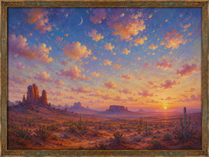 A vast desert glows beneath a sky overflowing with little fluffy clouds painted in peach, lavender, and gold. Distant mesas, scattered cacti, and a rising crescent moon create a peaceful, dreamlike horizon. The ornate turquoise-and-bronze frame enhances the scenes warm, mystical atmosphere.