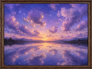 Lavender clouds gather above a perfectly still lake, reflecting every glowing shape across its glasslike surface. A crescent moon, distant mountains, and the final golden light of sunset create an immersive twilight dream. The dark ornamental frame adds elegance and depth to this peaceful, symmetrical cloudscape.