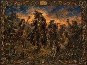 A richly painted folk celebration unfolds beneath a storm-lit sunset, led by a flamboyant flute player surrounded by villagers, musicians, raised tankards, wildflowers, ribbons, and old-world mystery. The intricate abstract frame deepens the storybook atmosphere, blending woodland symbolism, theatrical energy, and the triumphant spirit of one final, truly unforgettable hoorah.
