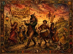 A wildly theatrical procession marches beneath a blazing sunset, driven by flute, drum, laughter, banners, lanterns, and eccentric old-world characters. Satirical, colorful, and joyfully chaotic, the scene captures a grand public cheer before an uncertain tomorrow. Its ornate abstract frame turns the celebration into a richly illustrated, timeless folk legend.