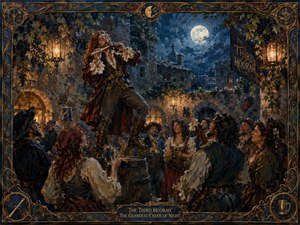 Moonlight and lantern glow illuminate a crowded stone courtyard, where a commanding flute player performs above a joyful gathering of cheering villagers. Raised cups, ivy-covered walls, glowing arches, and expressive faces create a warm midnight revel. The elaborate blue-and-gold frame gives the painting timeless, romantic grandeur and enduring musical enchantment.