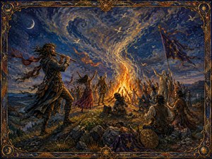On a windswept hill beneath a swirling celestial sky, dancers and musicians gather around a towering bonfire while a flute player leads the celebration. Firelight, banners, flowing garments, and rising smoke create mystical movement. The ornate cosmic frame transforms the scene into an ancient ritual of triumph, freedom, and renewal.