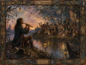 At twilight, a solitary flute player performs beside a reflective river while revelers across the water raise their cups beneath lanterns and fluttering banners. Warm reflections, distant towers, wildflowers, and a waiting boat create lyrical calm. The symbolic abstract frame surrounds the scene like a weathered chapter from forgotten folklore.
