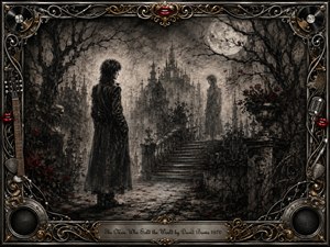 A solitary figure confronts a ghostly double in a moonlit gothic garden, surrounded by ruined architecture, twisted trees, and misty stone steps. Deep charcoal blacks and smoky grays create a haunting, introspective mood, accented by crimson roses and lips. An ornate chrome-and-gold musical frame completes the surreal composition.